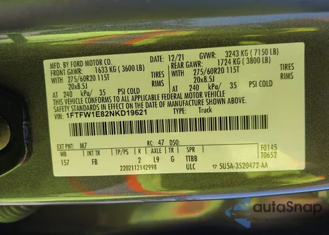 2022 Ford F150 Supercrew из США, поврежденный, VIN 1FTFW1E82NKD19621